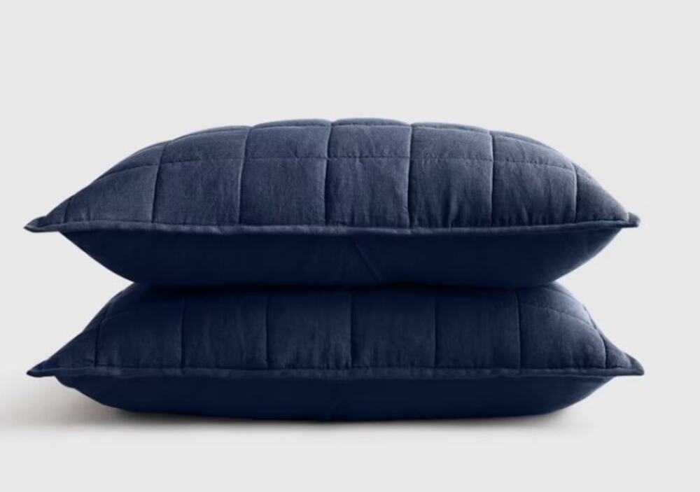 Quince Sham Set Navy Blue European Linen Box Quilted NEW